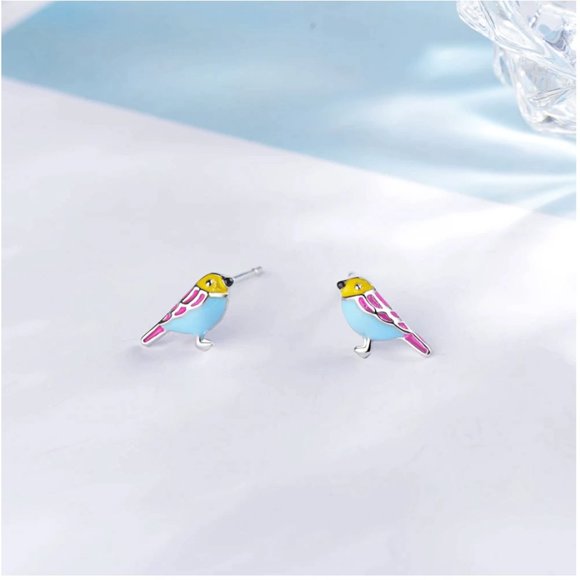 NEW 925 S Silver Cute Little Glazed Bird Earring - Picture 4 of 10